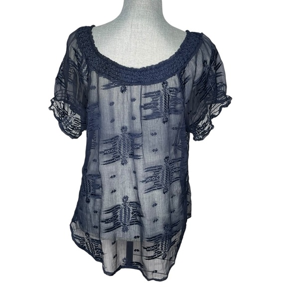 Willow & Clay Navy Sheer Embroidered Boho Top Size M - Picture 3 of 11